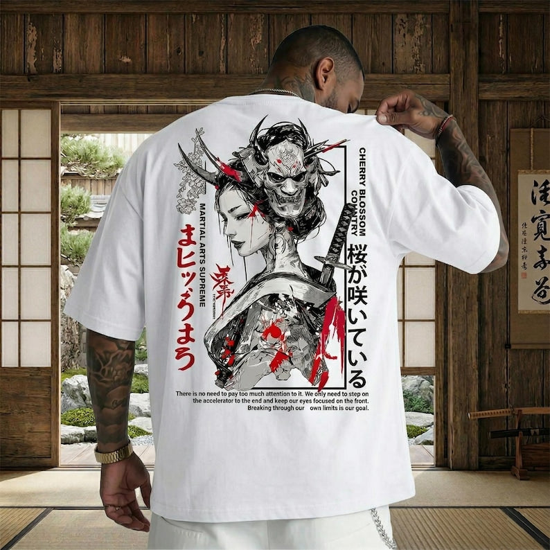 Japanese Oni Mask Tee Samurai Girl Graphic - Gift for friends