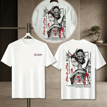 Japanese Oni Mask Tee Samurai Girl Graphic - Gift for friends