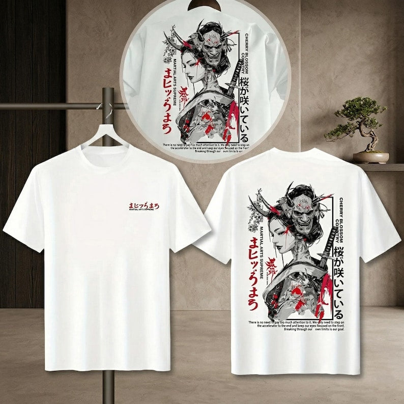 Japanese Oni Mask Tee Samurai Girl Graphic - Gift for friends